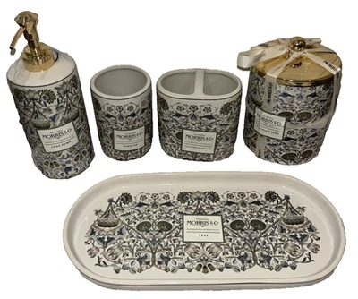 Morris & Co ~ Juego de accesorios de tocador de alcachofa ~ 5 piezas ~ Cerámica ~ Floral ~ Azul/blanco ~ Nuevo con etiquetas Foto 1 de 4
