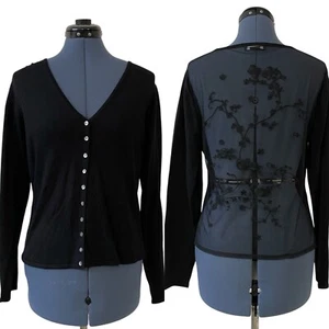 Vtg Paraphrase Womens Black Knit Button Cardigan Sheer Floral Back Y2K Fairy L - Picture 1 of 11