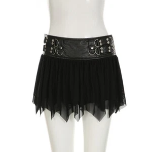 Lady Gothic Mesh Skirt Rivet Faux Leather Irregular Splice Girl Punk Mini A-line - Picture 1 of 11