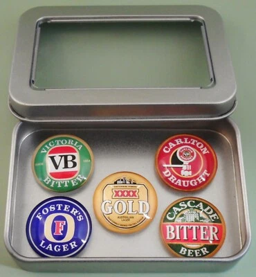 Beer Label Handcrafted Glass Cabochon Fridge Magnets in tin -Set of 5 - image 1 of 4