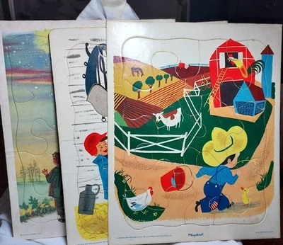 Lote de 3 Puzzle Playskool Jesús y Niños, Tema Caballo, Granja Granero Bandeja De Colección Foto 1 de 4