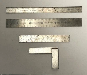 Juego de 4 piezas vintage marrón y afilado (1) maquinista cuadrado, (1) regla de acero de 4" y (2) 6" - Imagen 1 de 7