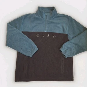 Obey Men's Tech Fleece Quarter Zip Jacket – Black & Teal Skater Baggy Style Sz L - Picture 1 of 8