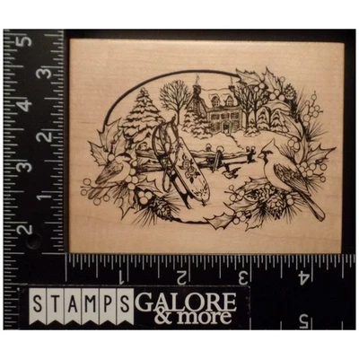 Estampillas de goma PSX K-2431 OVALADAS PAISAJE NAVIDEÑO CARDINAL TRINEO ACEBO NIEVE #3175 Foto 1 de 2