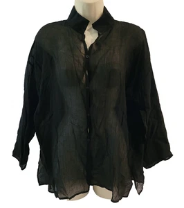Neu EILEEN FISHER M transparentes Viskose Krepp hoher Kragen Mandarin Hemd Knopf knitterig - Bild 1 von 23