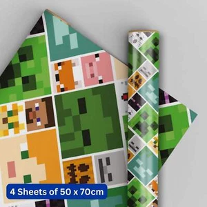 Papel de envolver Minecraft niños regalo cumpleaños envoltura paquete 4 hojas y 4 etiquetas - Imagen 1 de 4