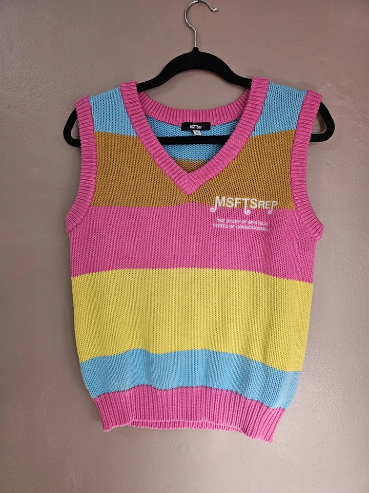 MSFTSrep Tejido Suéter Chaleco MEDIANO Rayas Rosa Azul Amarillo 2021 Jaden Smith RARO  Foto 1 de 4