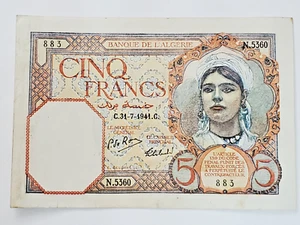 1926 ALGERIA PAPER MONEY - 5 FRANCS BANKNOTE! - Picture 1 of 3