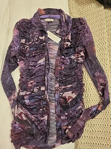 NWT Anthropologie Pilcro Collared Mesh Sheer Button Down Top Purple Floral XS  - Picture 1 of 6