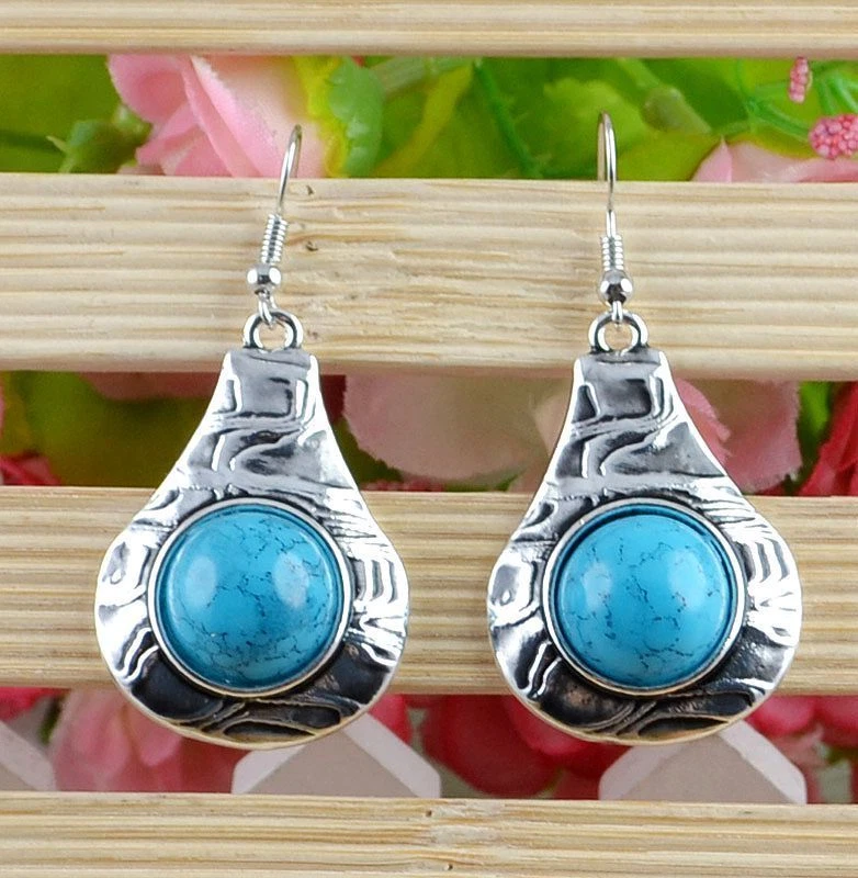 Lindos Pendientes Colgantes Artesanos Gancho Turquesa Plata Tailandesa Tibetana Divertidos de Usar Foto 1 de 1