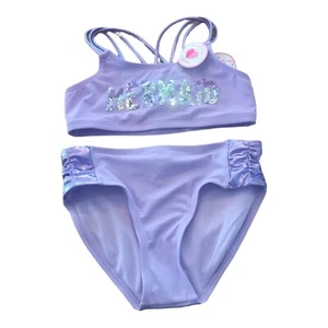 Justice Girls Swimsuit Purple 2 Piece Set Mermaid Reversible Sequins Size 8/10 - Picture 1 of 9