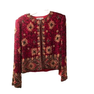 Papell Boutique Vintage Perlen Seide Abend Jacke Strickjacke Rot M - Bild 1 von 9