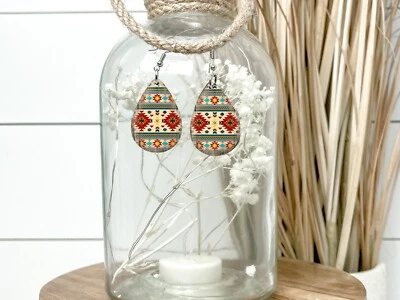 Dakota Tribal Earrings Handmade Wood Tear Drop Dangle Printed Jewelry - Image 1 of 4