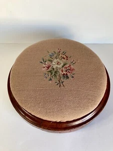 Vintage Antique Floral Needlepoint Round Footstool Footrest Cushion 13" - Picture 1 of 6