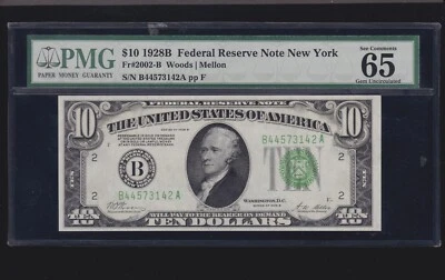 US 1928B $10 FRN New York DGS FR 2002-B PMG 65 EPQ GEM CU (142) - Image 1 of 2