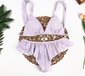 Costume da bagno Bikini lilla volant coppe triangolo brasiliana culotte a pois - Picture 1 of 7