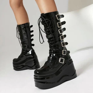 Womens Fashion Patent Multi Buckle Straps Lace Up Wedge Mid Calf Boots Shoes - Picture 1 of 14