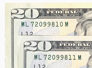 2 UNCIRCULATED TWENTY DOLLAR BANK NOTES WITH CONSECUTIVE SERIAL NUMBERS - Picture 1 of 3
