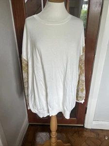 Next Knitwear White Cotton Mix Jumper, Gold Pattern See Through Sleeves Sz 22 - Picture 1 of 8