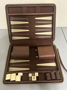 Vintage Backgammon Travel Board Game Faux Brown and Orange Leather Case - Picture 1 of 5