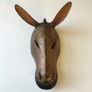 Vintage African Zebra Face Mask Wood Wall Hanging Wooden Mask - Picture 1 of 14