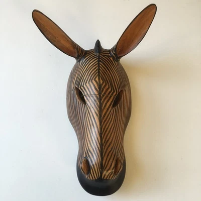 Vintage African Zebra Face Mask Wood Wall Hanging Wooden Mask - Image 1 of 4