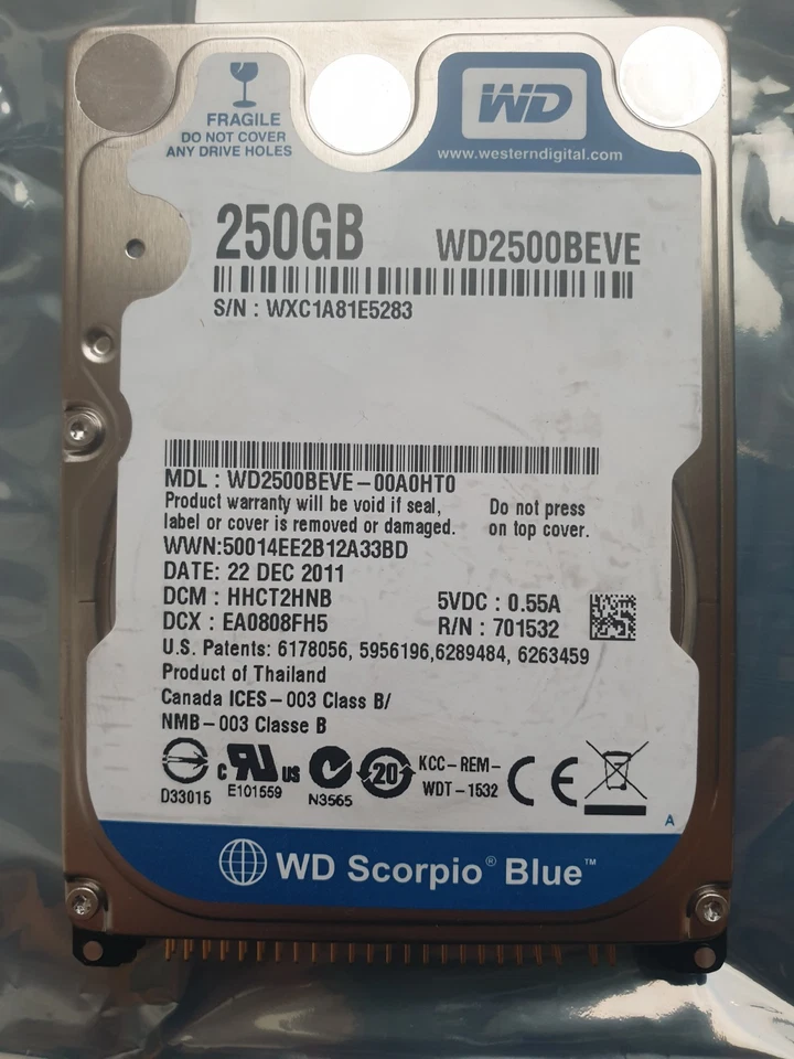 Western Digital 250GB WD2500BEVE-00A0HT0 2.5" IDE HARD DRIVE WD - DCM: HHCT2HNB - Image 1 of 1