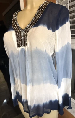 MICHAEL KORS SEQUINS Gold Trimmed V-neck L/S BLUE/WHITE SHEER Tunic SM NWTS b14 - Image 1 of 4