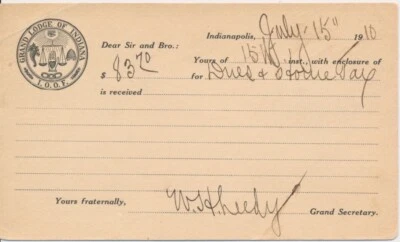 Grand Lodge of Indiana I.O.O.F. Odd Fellows 1910 Indianapolis Postal card notice - Image 1 of 2