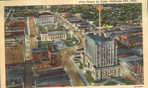 Postal de 1937 Civic Center by Night Oklahoma City vista aérea de Oklahoma - Imagen 1 de 2