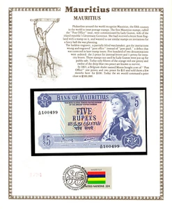 Mauritius Banknote 5 Rupees 1967 P-30c UNC w/FDI UN FLAG A/48 100499 - Picture 1 of 2