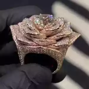 5Ct Round Cut Real Moissanite Cluster Flower Wedding Ring 14K Rose Gold Plated - Picture 1 of 4