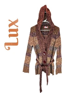 Lux Womens Hooded Knit Sweater Size L Oversized Button Tie Waist 70's Look - Picture 1 of 11