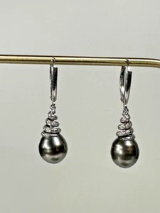Impresionantes ~ Pendientes de perlas de agua dulce grises 925 ~ con detalles de diamantes - Imagen 1 de 8