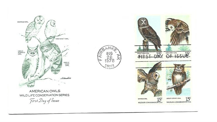 1760-63 American Owls, Artmaster block of 4  FDC - Image 1 of 1