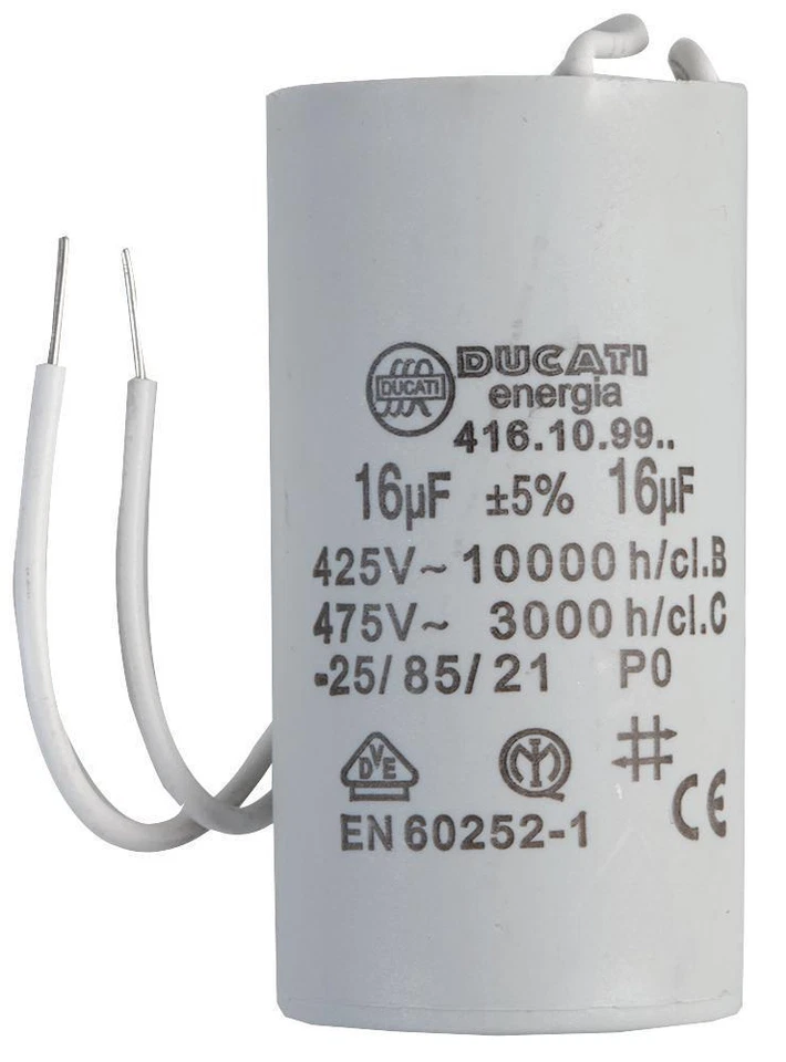 DUCATI 4.16.10.99.06 Motor Run Capacitor, No Stud, Lds, 16uf