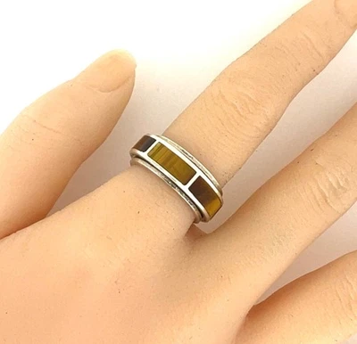 Vintage DTR Sterling Silver Inlaid Tiger’s Eye Spinner Ring Spinner Band Sz 6.75 Foto 1 de 4