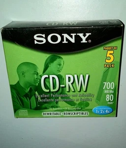 Sony CD-RW 5 Rewritable Discs 700MB 80 Minute Multi Speed 1X 2X 4X NEW - Picture 1 of 10