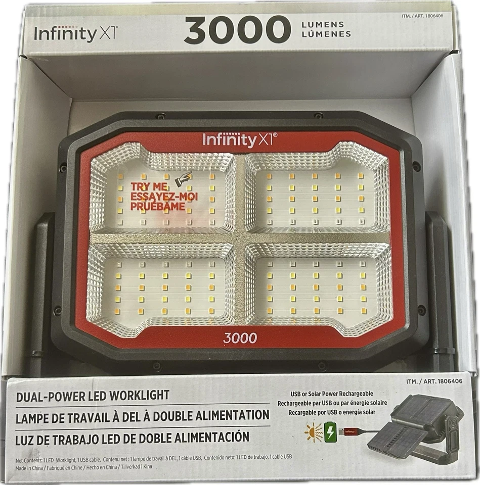 Infinity Dual-Powered LED Worklight - 3000 Lumens USB & Solar Rechargeable