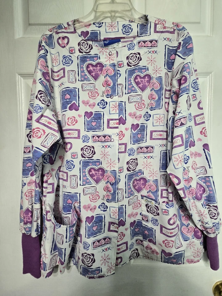 Crest Scrub Jacket Size M-Blue/White Hearts/CA Ribbon Snap-Up-Chest 24"/L 27.5" - Image 1 of 4
