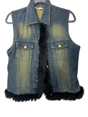 MIXIT Vintage Y2K Blue Denim Vest w/ Real Black Rabbit Fur Trim Sz Large - Image 1 of 4