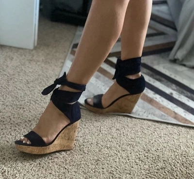 Saks Fifth Avenue Tie Up Suede Wedge Sandals Black Size 9 4 Inch - Image 1 of 4