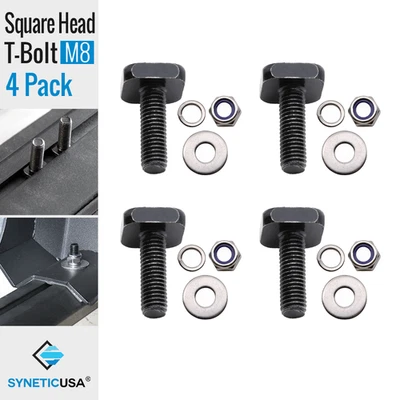 SYNETICUSA 4 pcs M8 Size, T-Slot Bolts (T-Bolts) w/ Washer Hex Nuts, Black, Stainless Steel