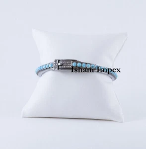 Handmade Natural Pave Diamond & Turquoise 925 Sterling Silver Bangle Bracelet - Picture 1 of 5
