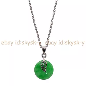 Natural Green Jade Flat Coin Leaf Pendant Necklace 925 Silver Chain 18'' 15mm - Picture 1 of 5