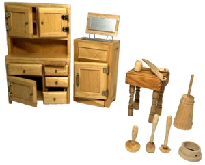 Early American Miniature Dollhouse Kitchen Set Ice Box Hutch Utensils Table Lot - Picture 1 of 22
