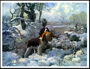 ENGLISH SPRINGER SPANIEL SNOW SCENE VINTAGE STYLE DOG ART PRINT POSTER - Picture 1 of 1