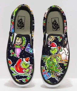 VANS slip-on Asher Shoes Hand Detailed Women's, ANY SIZE Christmas green monster - Picture 1 of 9
