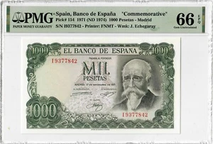 Spain 1000 pesetas 1971, PMG 66 EPQ, "Republic" Pick# 154 - Picture 1 of 2