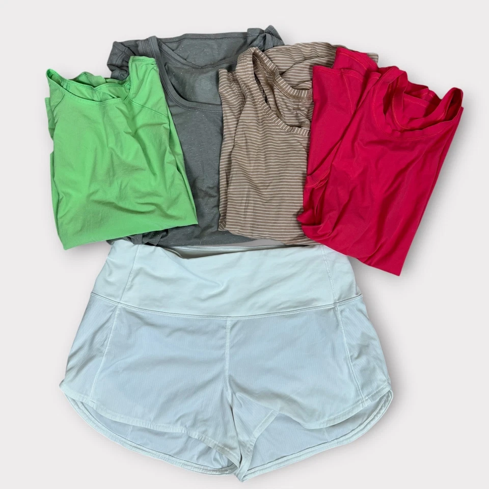 Pacote feminino Lululemon tamanho 6 - 4 tops e 1 shorts speed up - Imagem 1 de 4